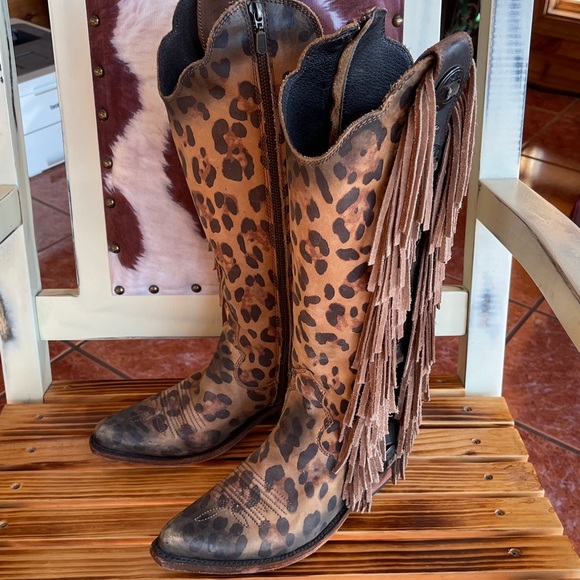 LIBERTY Black Shoes - Liberty Black Ophelia Chita Miel Leopard
Print Leather Fringe Boots Size 8
